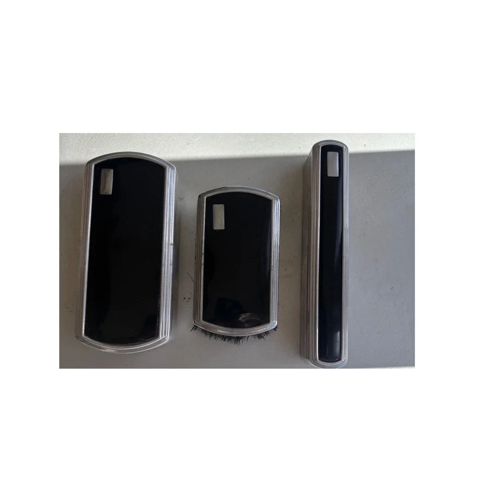 Vintage Art Deco 3 Piece Grooming Set Black Aluminum Clothes Brush & StorageTins